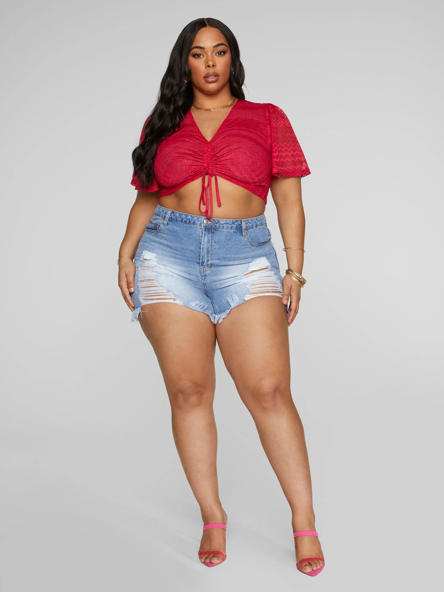 Mid Rise Destructed Denim Shorts - Image 3