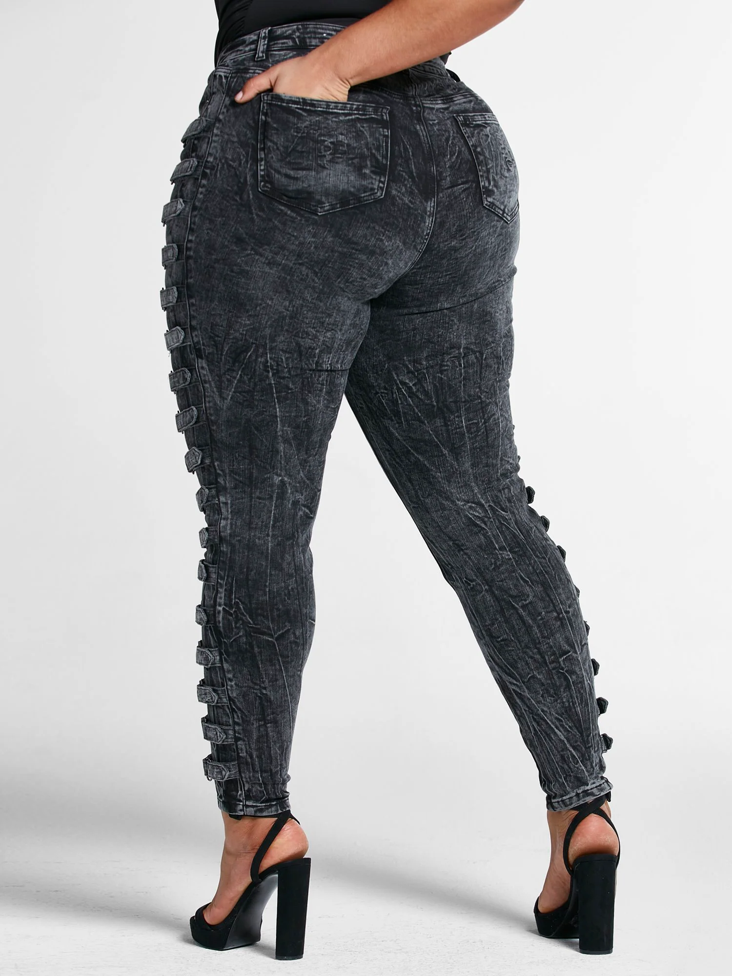 Mid Rise Side Buckle Skinny Jeans - Image 3