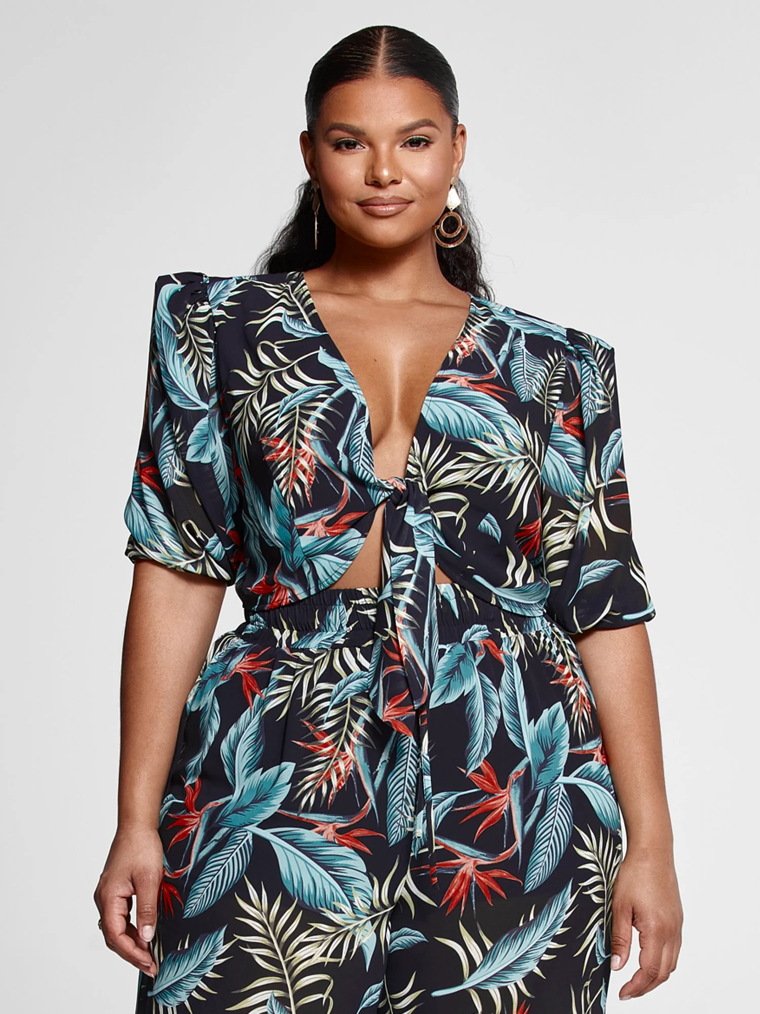 Monique Tropical Print Tie Front Top - Image 2