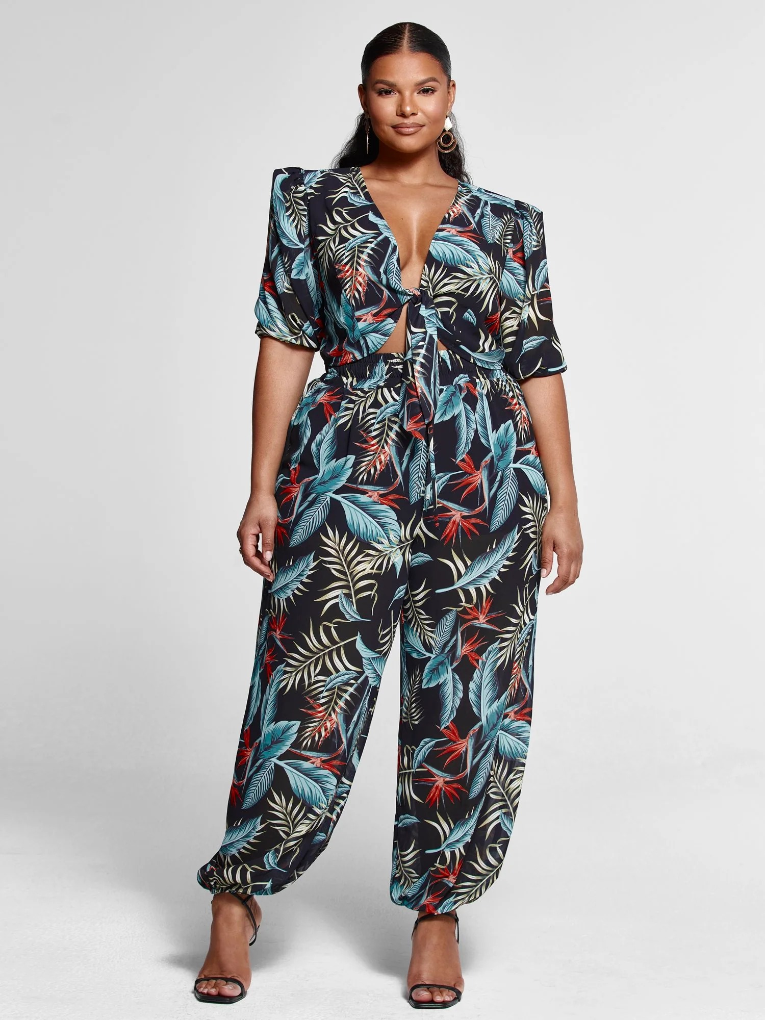 Monique Tropical Print Tie Front Top - Image 4