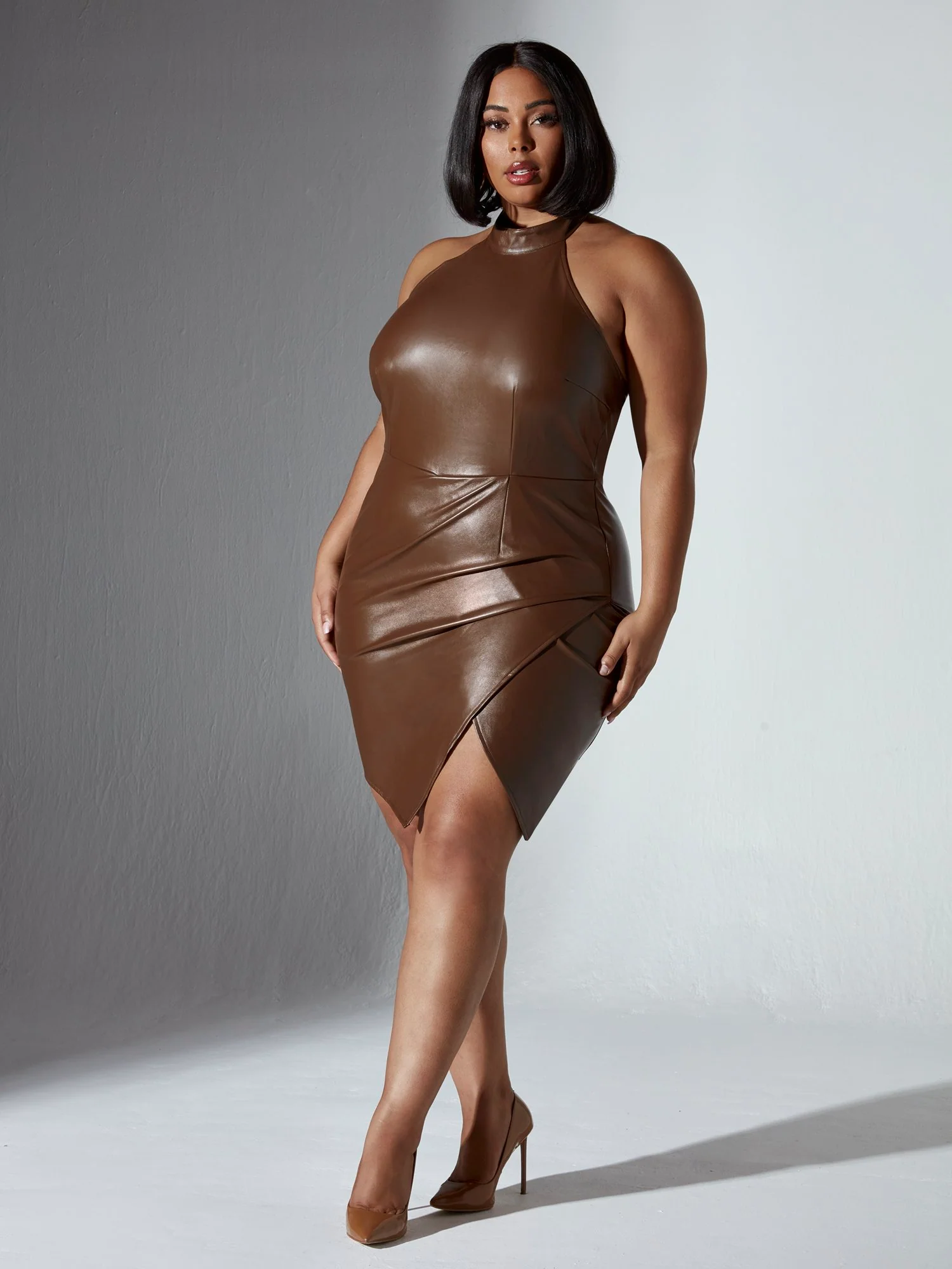 Nicole Mockneck Faux Leather Halter Dress