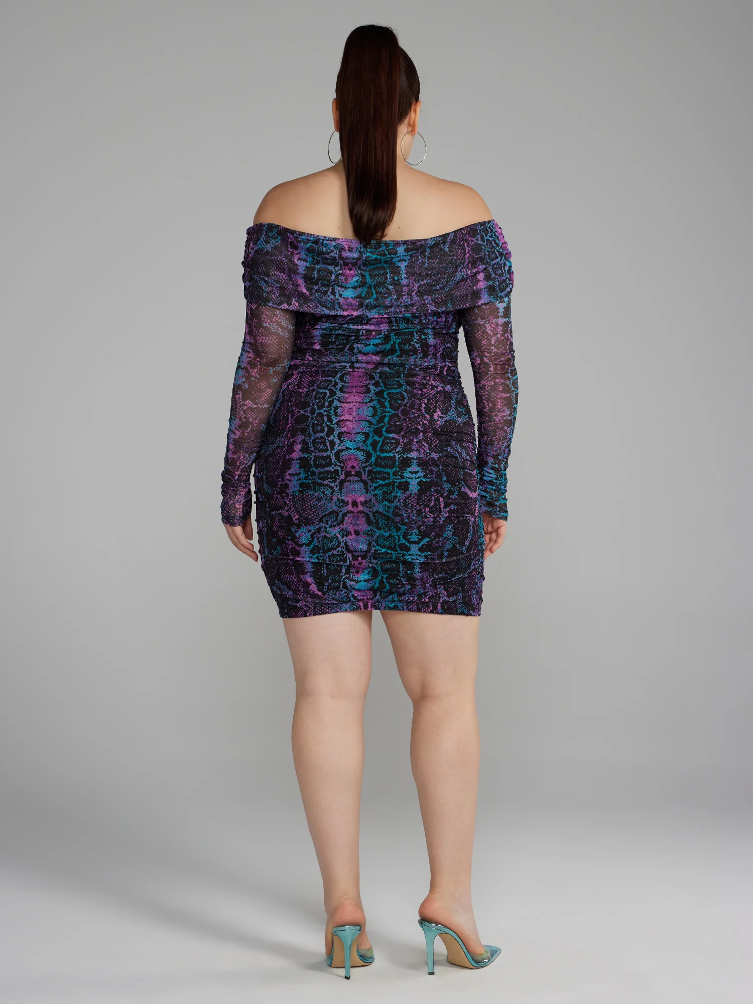 Off-The-Shoulder Snake Print Mesh Dress - Image 3