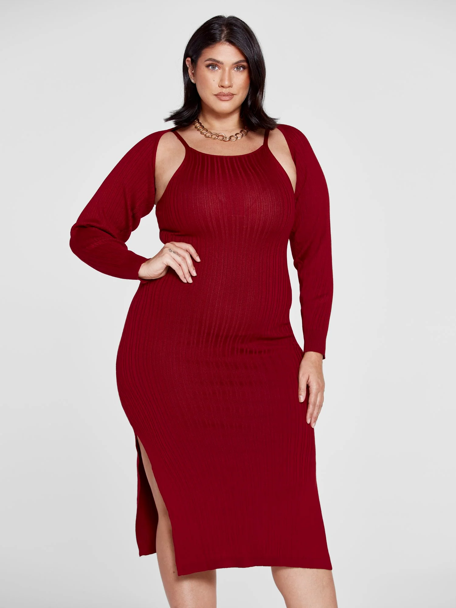Patrice Ribbed Knit Bodycon Dress with Shrug - Image 2
