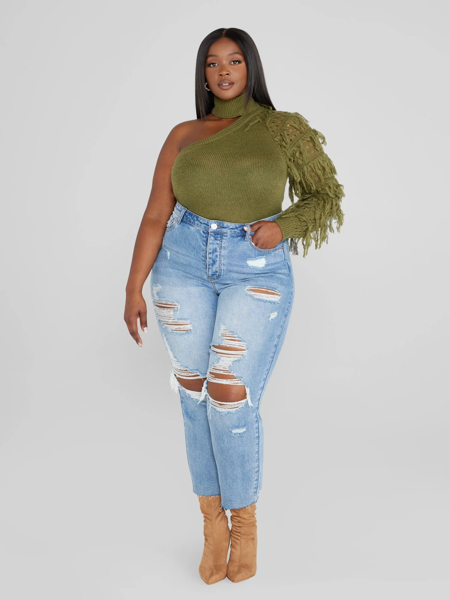 Rachelle One Sleeve Fringe Sweater - Image 3
