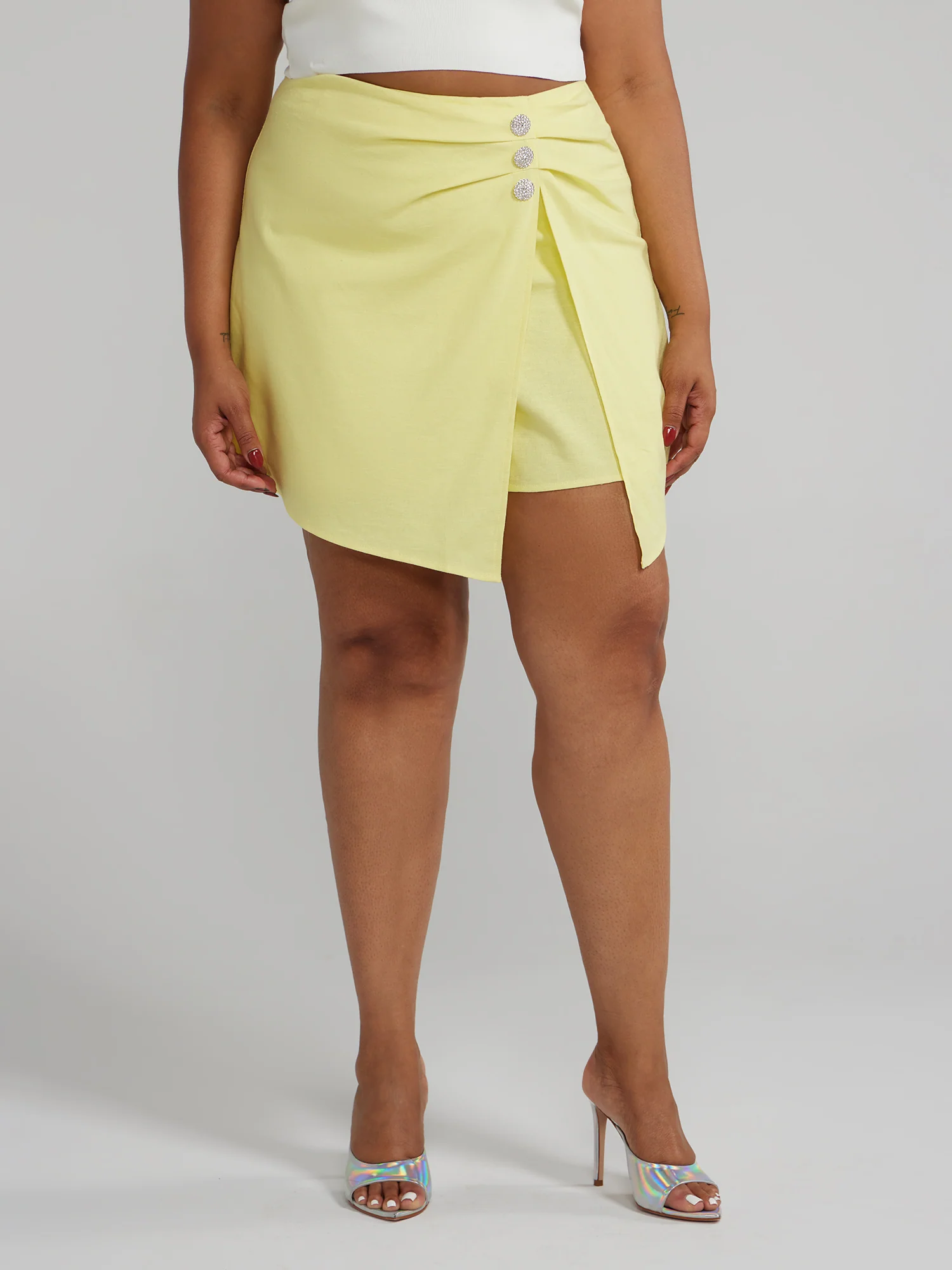 Rhinestone Button Front Slit Skort