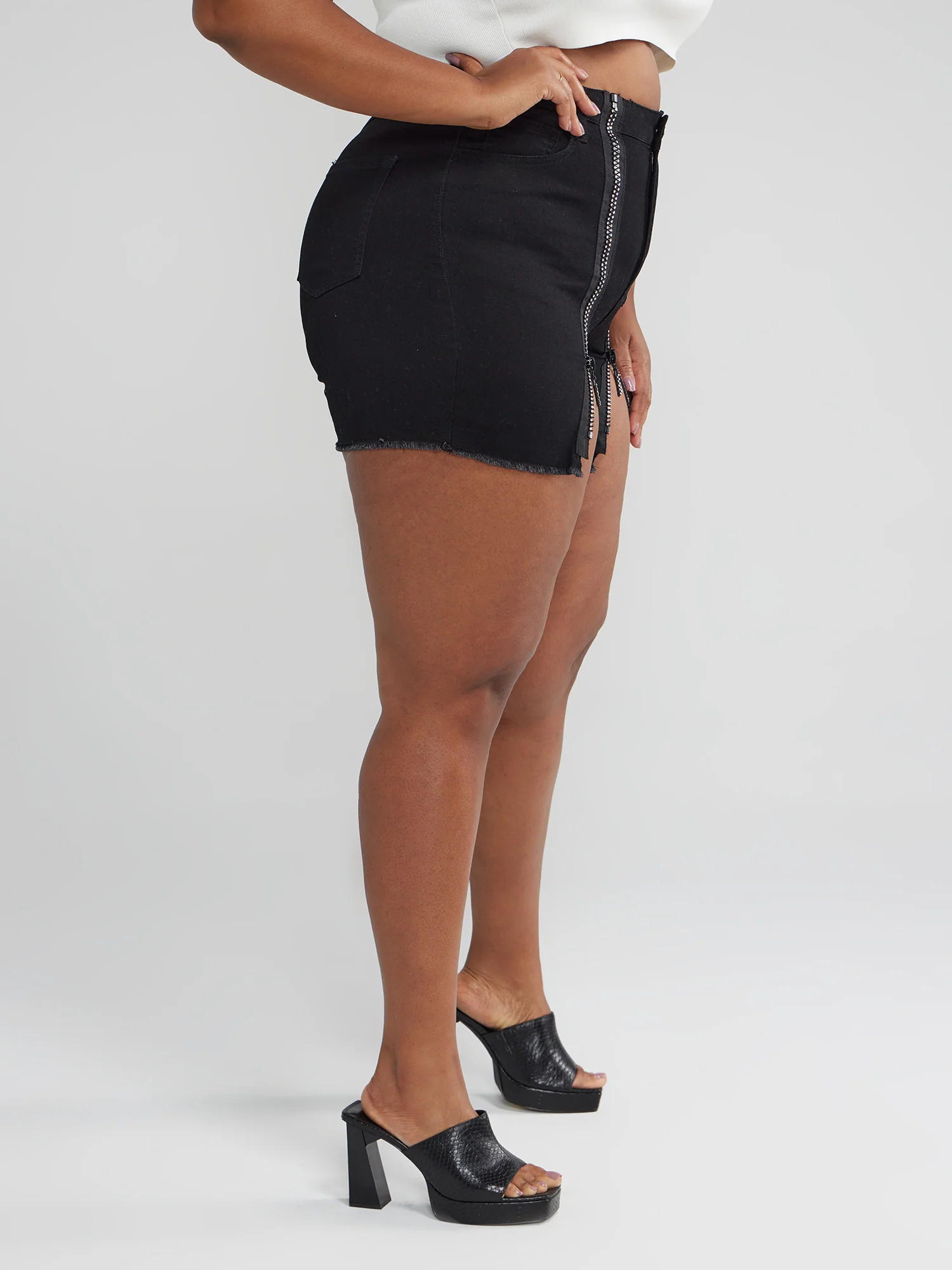 Rhinestone Zip Denim Shorts - Image 3