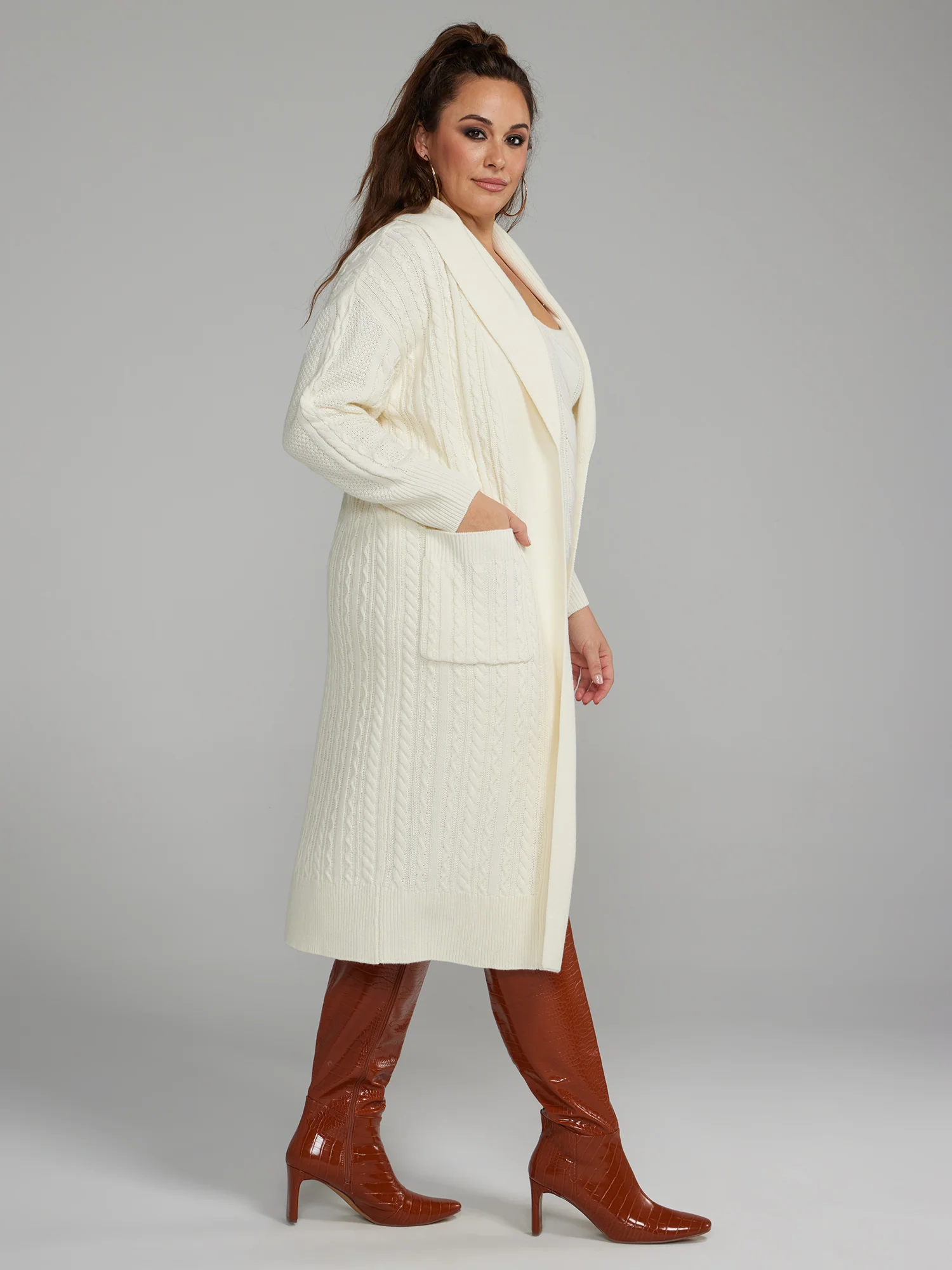 Shawl Collar Cable Knit Long Cardigan - Image 2