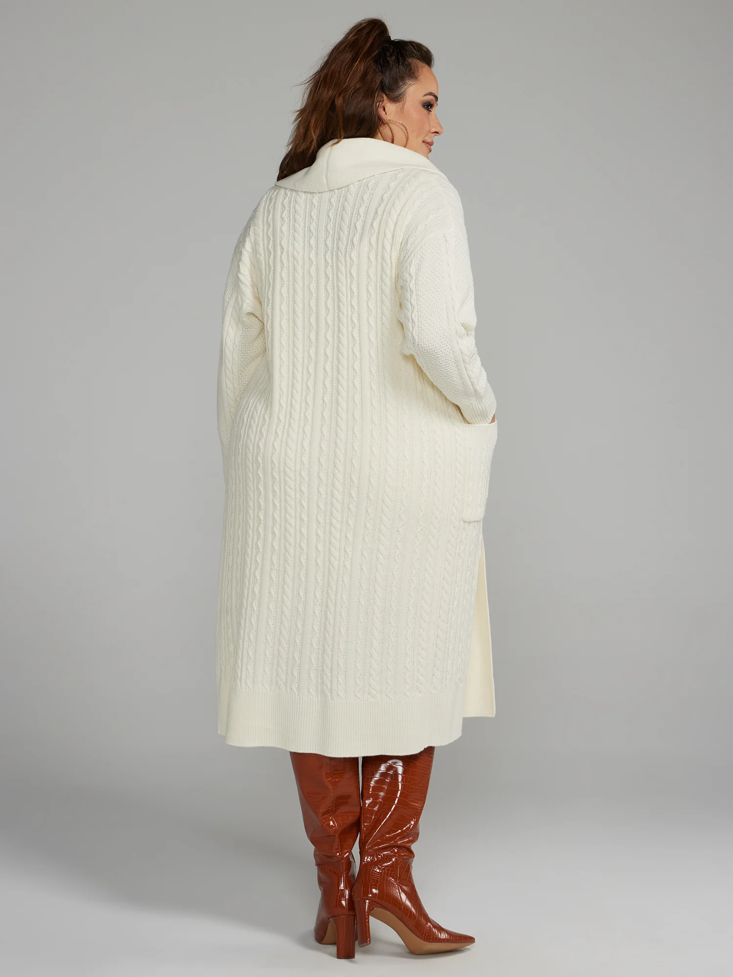 Shawl Collar Cable Knit Long Cardigan - Image 3