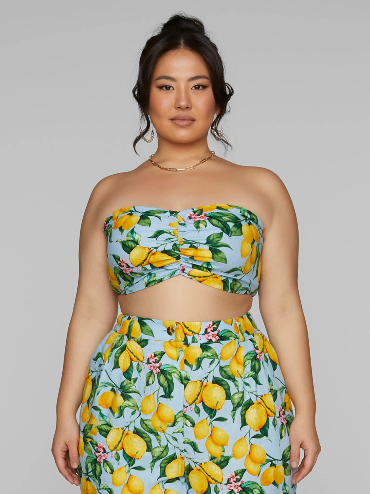 Skye Lemon Print Strapless Crop Top