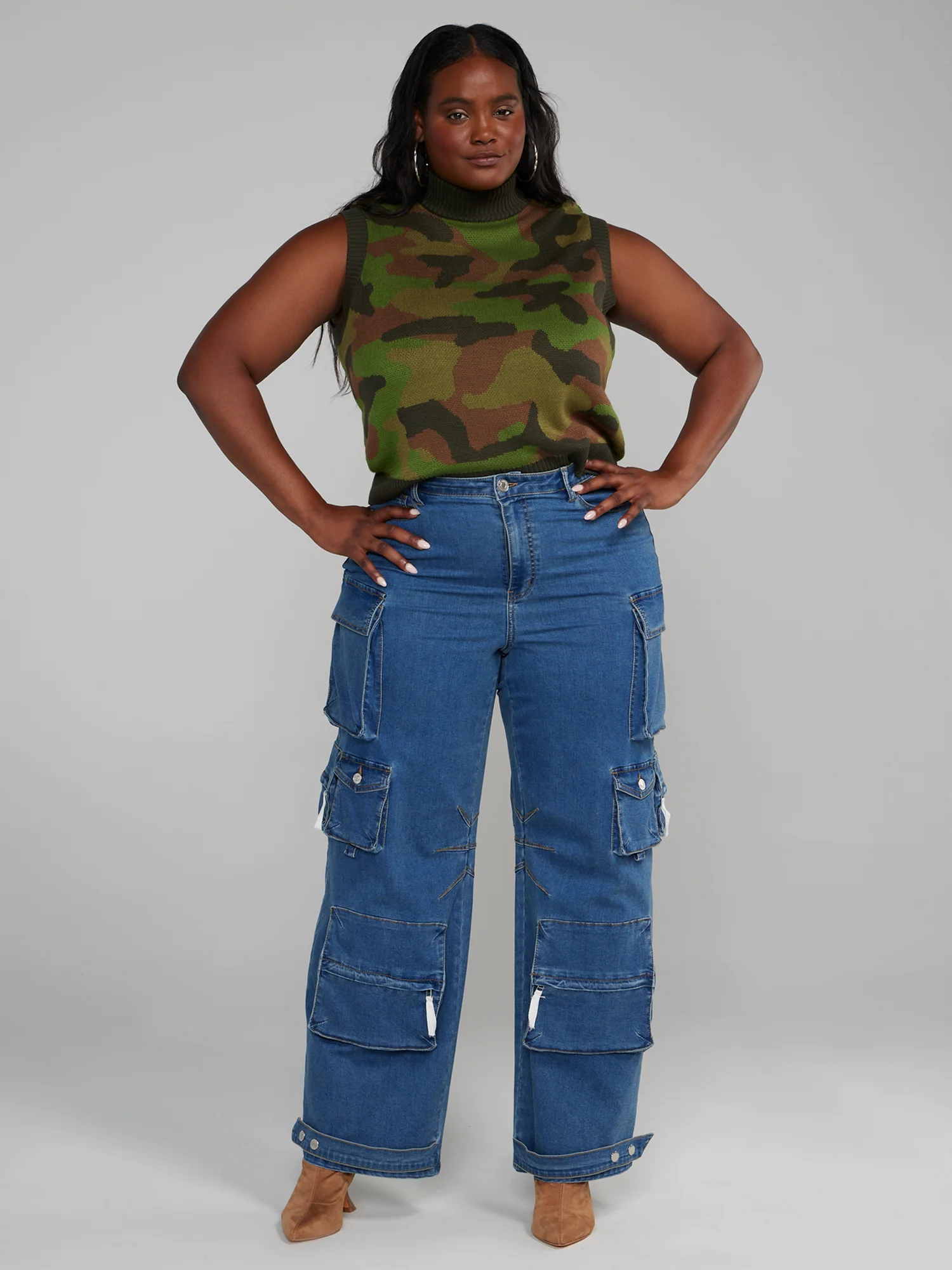 High Rise Straight Leg Denim Cargo Jeans - Image 11