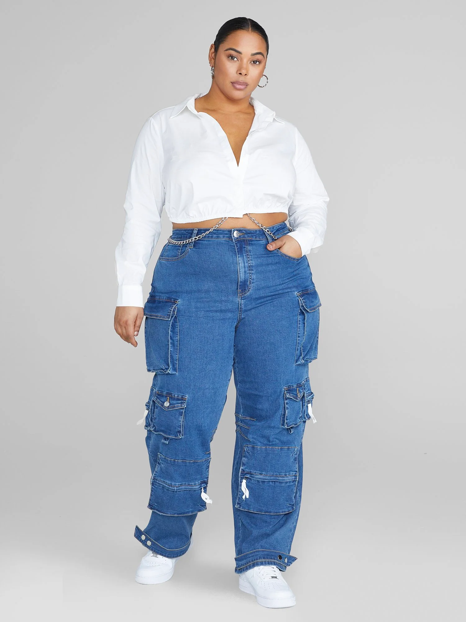 High Rise Straight Leg Denim Cargo Jeans - Image 3