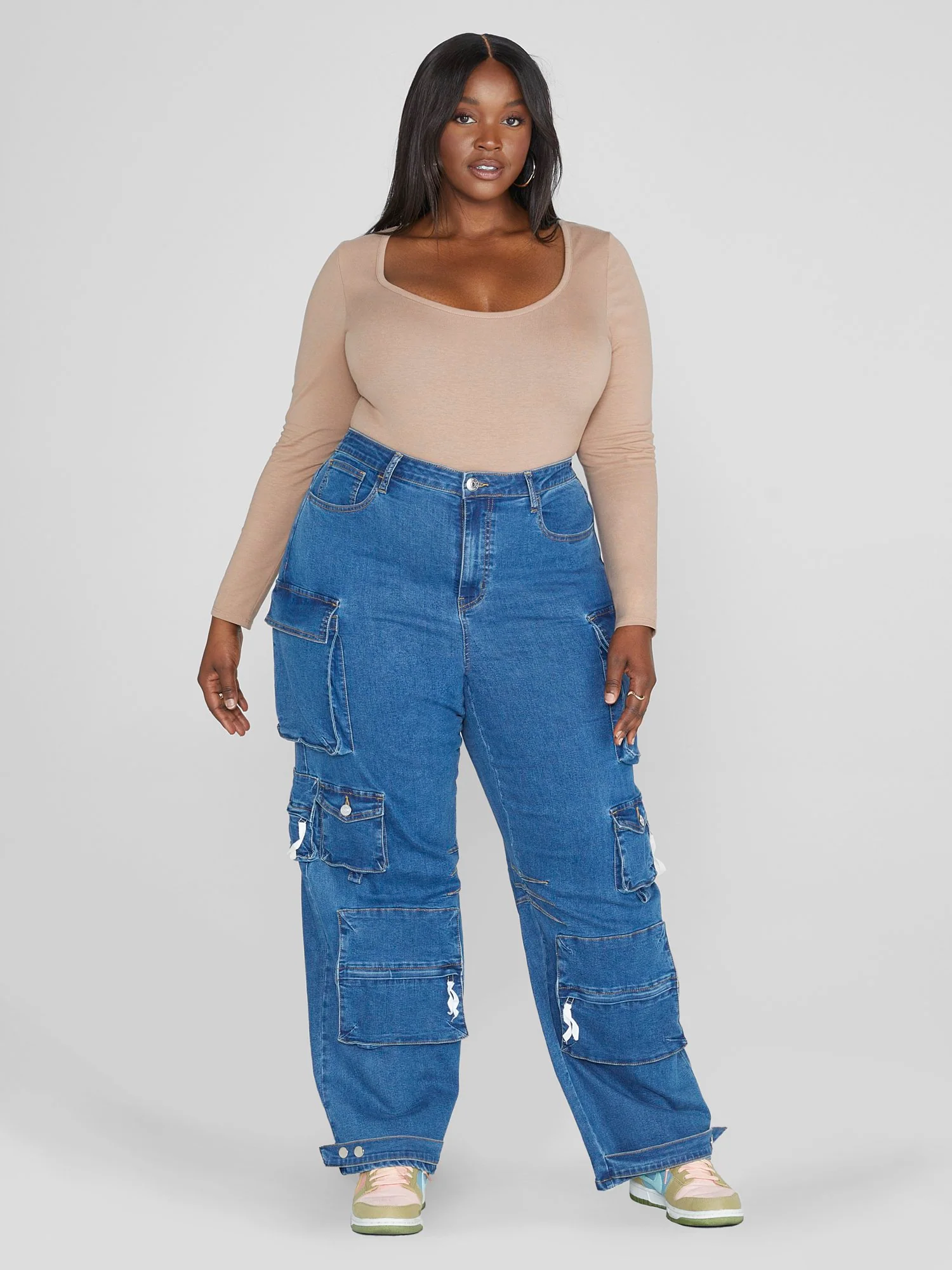 High Rise Straight Leg Denim Cargo Jeans - Image 5