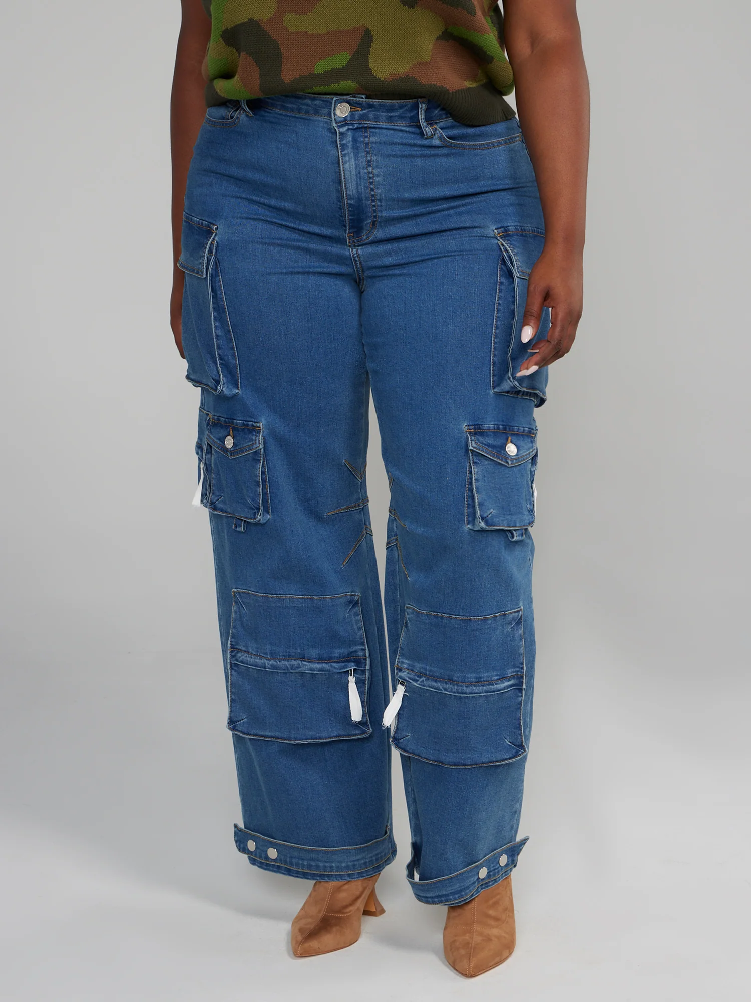 High Rise Straight Leg Denim Cargo Jeans - Image 8