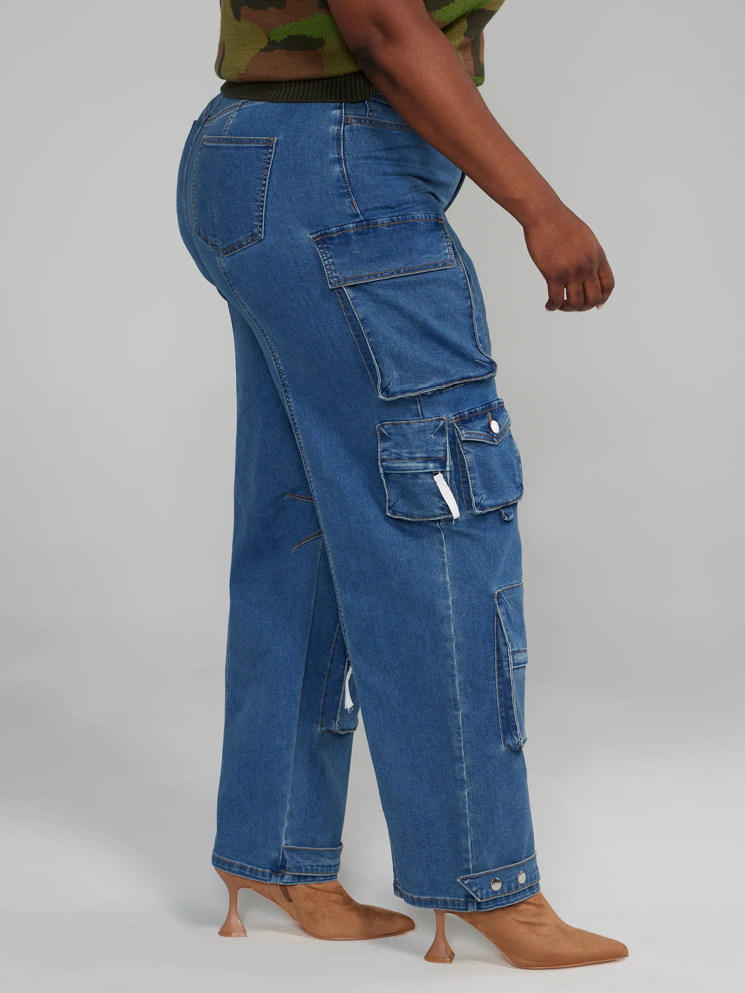 High Rise Straight Leg Denim Cargo Jeans - Image 9