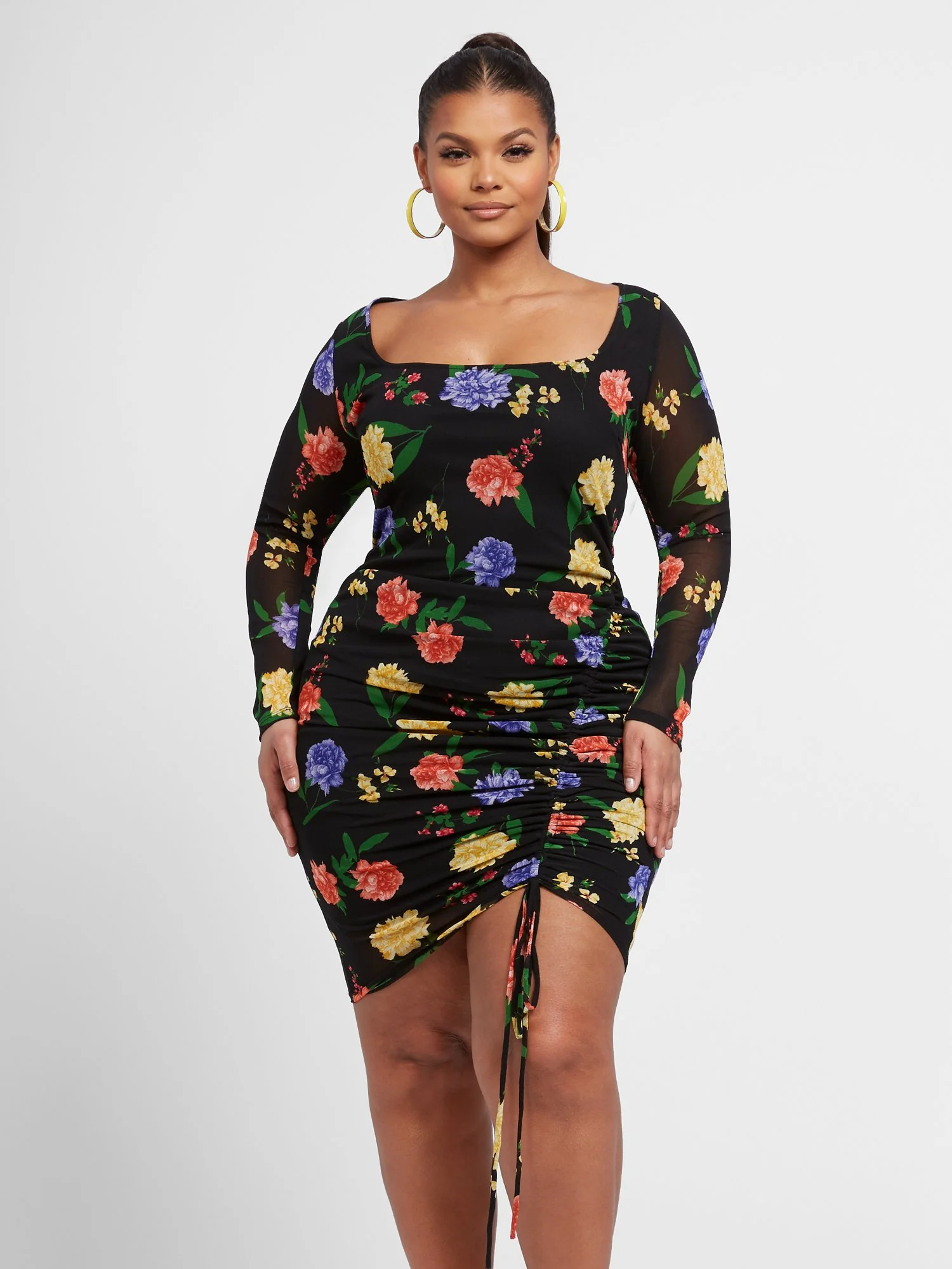 Tory Floral Mesh Dress with Drawstring Detail