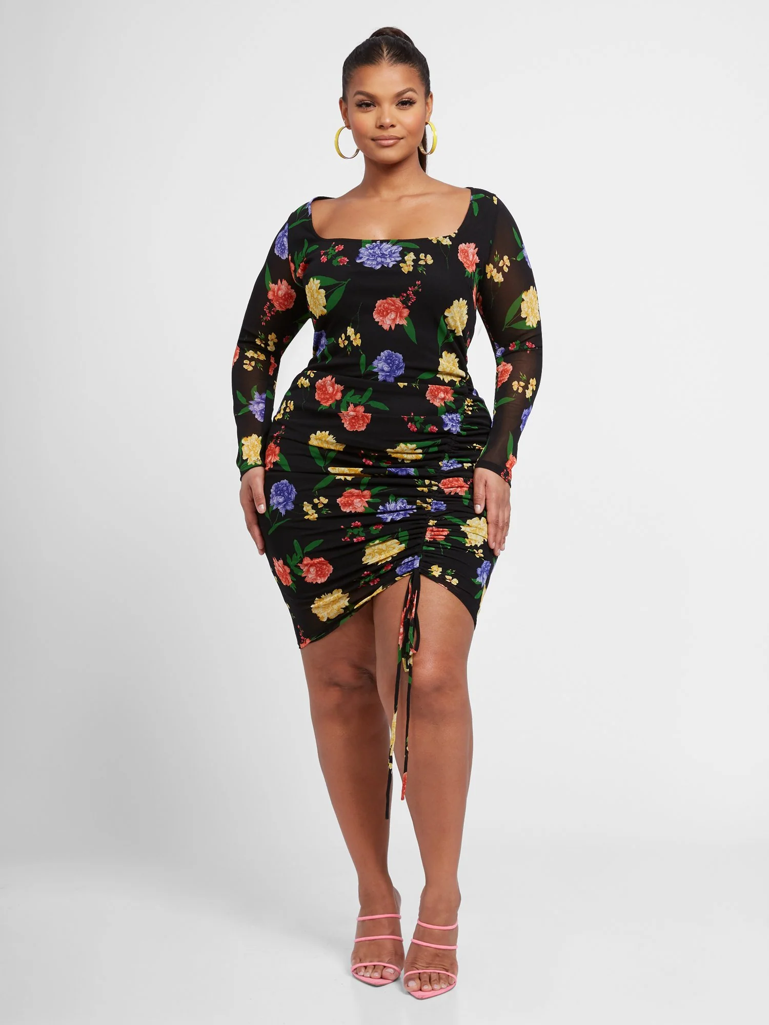 Tory Floral Mesh Dress with Drawstring Detail - Image 4