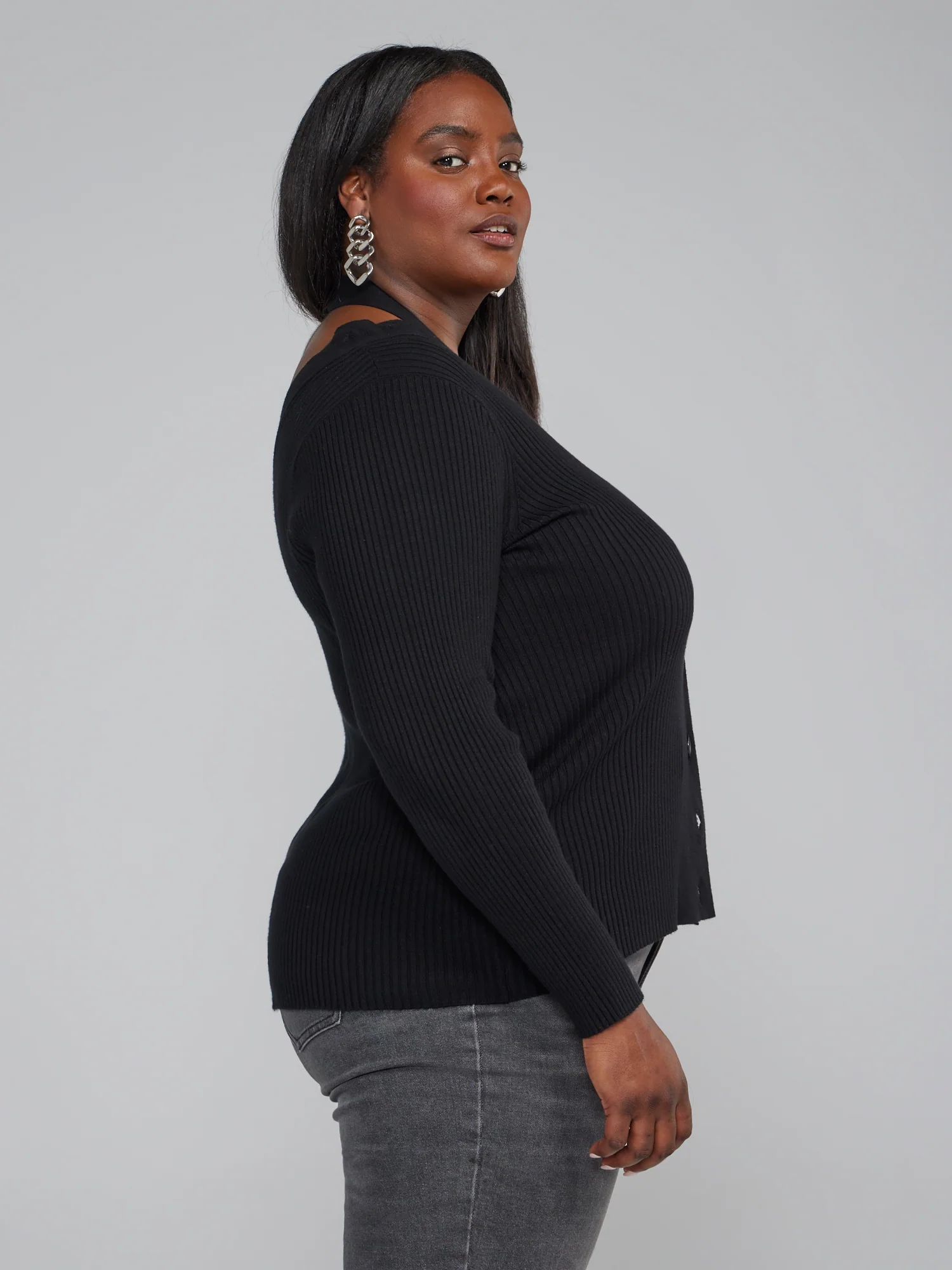 Ribbed Knit Cutout Button-Down Sweater - Image 2