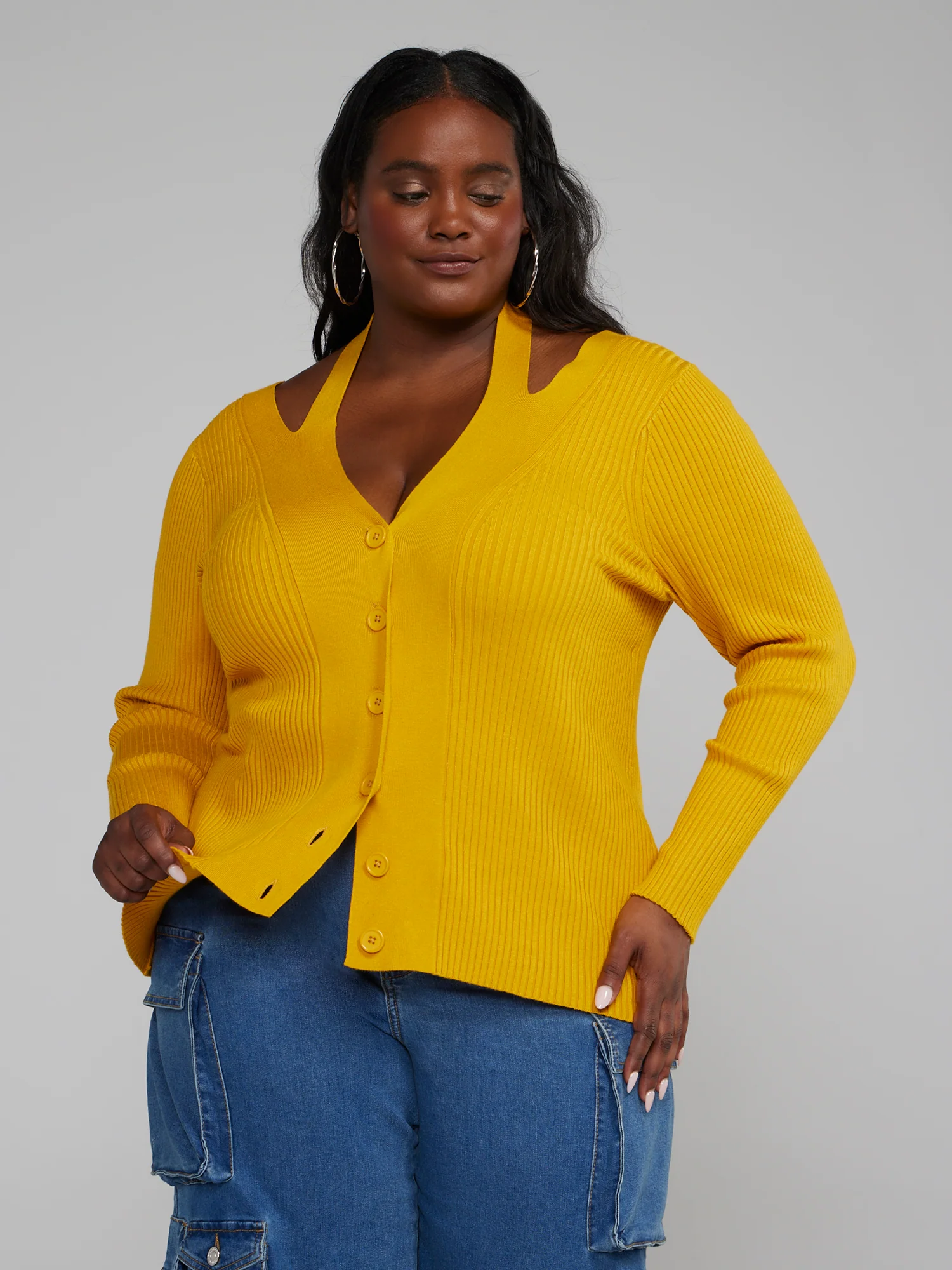 Ribbed Knit Cutout Button-Down Sweater - Image 5