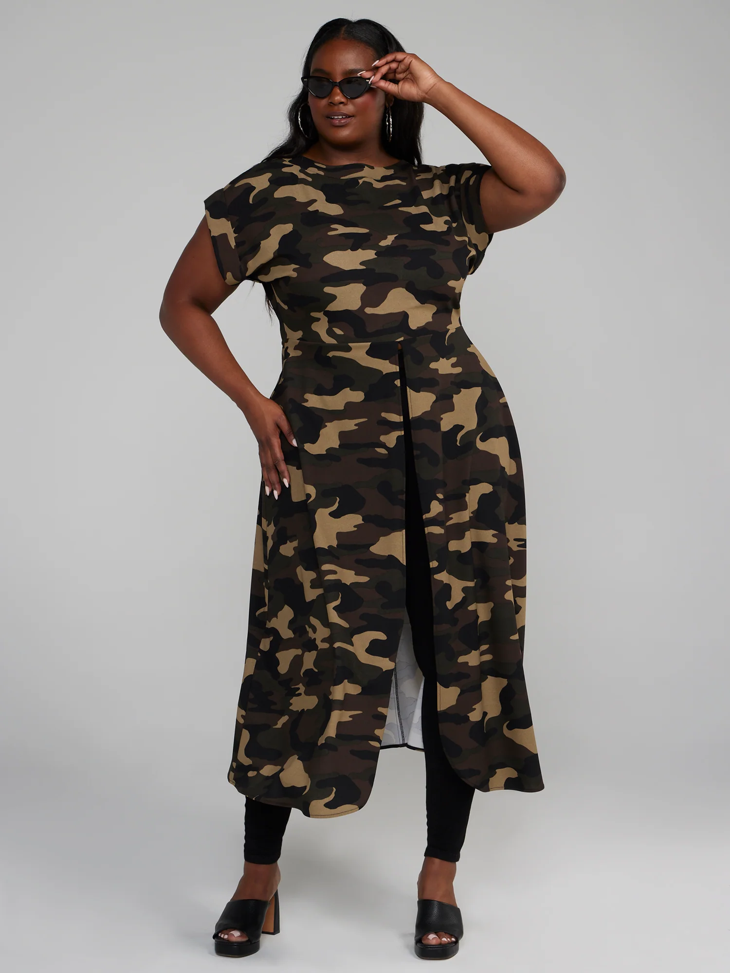 Split Front Camo Tunic Top